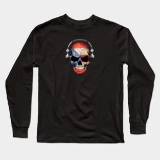 Dark Skull Deejay with Puerto Rican Flag Long Sleeve T-Shirt